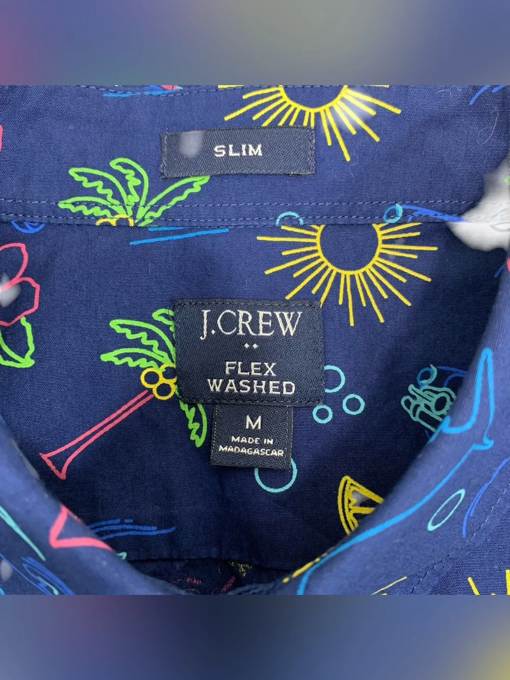 J.Crew Flex Washed Men’s Medium Button Down Shirt Blue Beach‎ Print Slim Fit